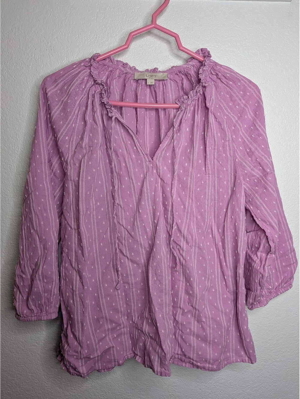 LOFT Women’s Large Purple Textured Stripe Ruffle Neck Cotton Blouse